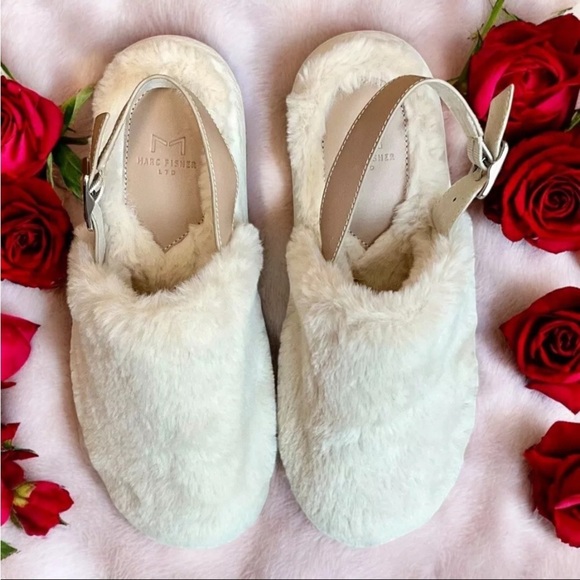 Marc Fisher Shoes - Marc Fisher Fuzzy Slipper Mule Shoes Sz 7M Off White Comfy Cozy Soft Leisure EUC